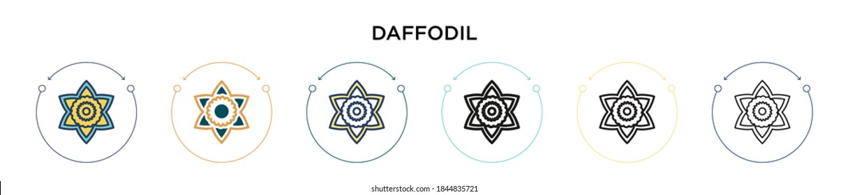 Daffodil icon in filled, thin line, outline and stroke style. Vector illustration of two colored and black daffodil vector icons designs can be used for mobile, ui, web