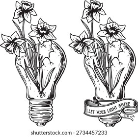 Ilustración del arte de la línea de la flor del nacimiento de la marcha del narciso en bombilla, dibujo floral botánico del esquema