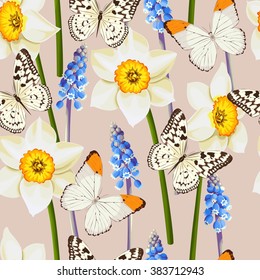 Daffodil and muscari vector seamless background