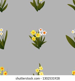 Daffodil Narcissus Flower Seamless Pattern, Floral template for fabric motif design, Available for background, Gray