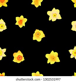 Daffodil Narcissus Flower Seamless Pattern, Floral template for fabric motif design, Available for background, Black