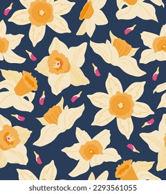 Daffodil narcissus flowers seamless pattern vector. Spring season blue background for for greeting card, fabric, wallpaper or wrapping paper, poster