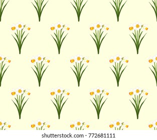 Daffodil - Narcissus Seamless on Ivory Beige Background. Vector Illustration.