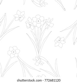 Daffodil - Narcissus Seamless on White Background. Vector Illustration.