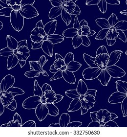 Daffodil narcissus spring flowers seamless pattern on indigo blue background. White outline vector illustration.