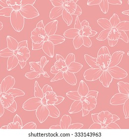 Daffodil narcissus spring flowers seamless pattern on pink background. White outline vector illustration.