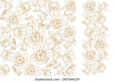 daffodil seamless pattern end border; golden primrose on a white background, editable golden pattern is used as a background in packaging, textiles or bedding