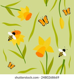 Daffodil Seamless Pattern. This vector artwork features delicate daffodil flowers in full bloom, meticulously designed to seamlessly tile for endless applications in print and digital media.