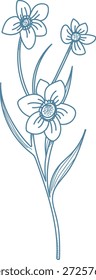 Tallo de narciso con tres flores y hojas dibujadas en líneas limpias con sutiles centros punteados. Símbolo de Renovación primaveral, pureza y crecimiento para temas de naturaleza. Ilustración vectorial de dibujos animados.