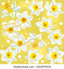 Daffodils. Background with beads and daffodil flowers. Wallpapers for a greeting card