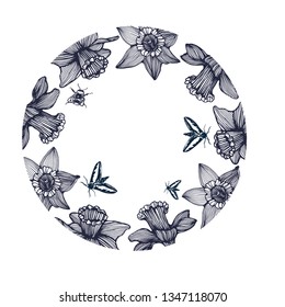daffodils and bumblebees vector, hand drawing, postcard