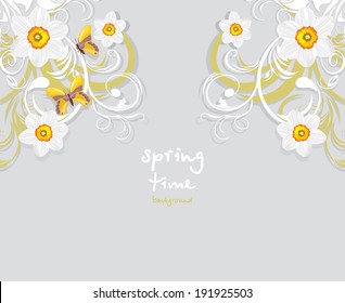 Daffodils and butterflies. Springtime background. Vector