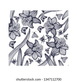 daffodils butterfly and bumblebee vector, hand drawing, postcard