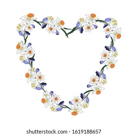 Daffodils, crocuses. Wreath for decor, decoupage. Vector illustration.