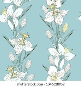 Daffodils delicate drawing by hand in white, yellow and black colors seamless pattern on light blue background.