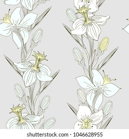 Daffodils delicate drawing by hand in white, yellow and black colors seamless pattern on light grey background.