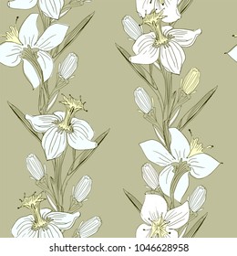 Daffodils delicate drawing by hand in white, yellow and black colors seamless pattern on light beige background.