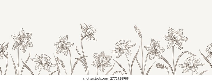 Daffodils floral border in line art style. Hand drawn vector illustration with narcissus flowers and leaves, elegant botanical design for invitations, packaging and print.
