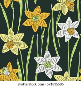 Daffodils floral seamless pattern. Dark background with narcissus spring romantic flowers. Vector illustration.