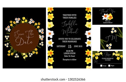 Daffodils Floral Wedding Invitation Kit, Set of invitation with narcissus flower decoration, RSVP card, Thank you greeting card element, Black background