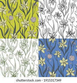 Daffodils flowers. Seamless vector pattern. Surface design, fabric, wallpaper illustration
