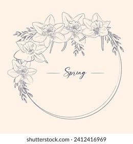 Daffodils frame. Good for product label. with place for text. Vector illustration Art Nouveau, vintage, old, retro.