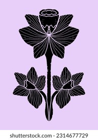 Daffodils. Grunge texture black element. Illustration in linocut style, folk art, Scandinavian style. Element for design.