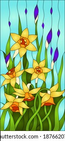 daffodils and iris bud, spring flower love, Symbol of Wales/ Stained glass window