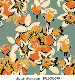 Daffodils, irises and roses in a floral vector pattern for fabric and textiles