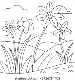 Icono de la escena del prado de narcisos, ilustración del campo de la flor de primavera, diseño floreciente del paisaje del jardín