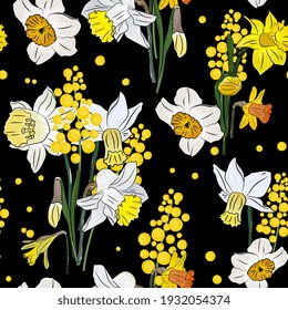 daffodils and mimosa seamless pattern. Spring flowers, hand drawing, botanical illustration