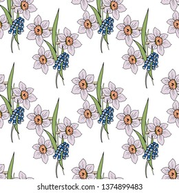 Daffodils and Muscari. Seamless pattern. Vector illustration.