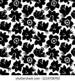 Daffodils narcissus dense outline sketch drawing floral seamless pattern. Spring flowers black and white foliage vector illustration.