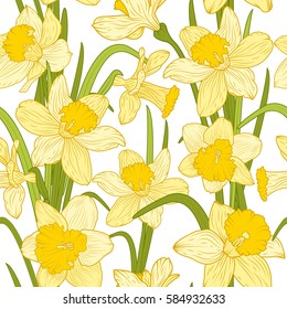 Daffodils narcissus dense outline sketch drawing floral seamless pattern. Bright yellow spring flowers foliage garland vector design illustration.