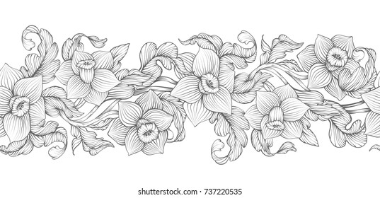 Daffodils narcissus dense outline sketch drawing floral seamless border. Spring flowers black and white foliage vector illustration