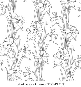 Daffodils narcissus dense seamless pattern. Spring flowers black and white vector illustration.