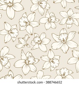 Daffodils narcissus dense seamless pattern. Spring flowers brown on beige background. Vector illustration.