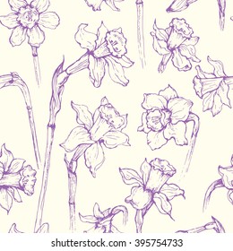 Daffodils narcissus floral contour seamless pattern; hand drawn vector flowers background in sketch style; spring nature pattern