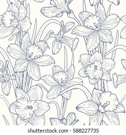 Daffodils narcissus flowers seamless pattern. Navy blue pen outline sketch on light beige background. Spring floral texture. Vector design illustration for decoration, wrapping, textile, packaging.