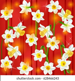 Daffodils. Narcissus. Herbal Background. Grass. Vector illustration. Springtime. Seamless. Realistic.