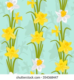 Daffodils narcissus seamless pattern. Bright yellow and white spring flowers on turquoise blue background. Detailed vector illustration.