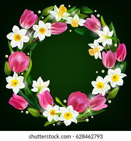 Daffodils. Narcissus.Tulips Vector illustration. Springtime. Realistic Flowers. Wedding Decorations. Card. Wreath.