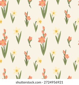 Narcisos y lirios rosas sin patrón, narciso de fondo de flores de primavera, Ilustración vectorial dibujada a mano