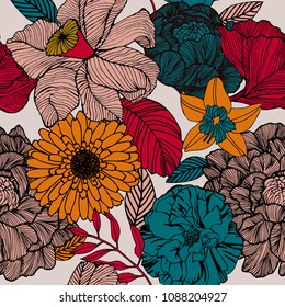Daffodils and roses with leaves floral pattern design.