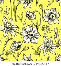 Daffodils. Seamless pattern design, vintage vector  illustration. 