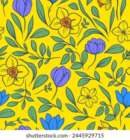 Daffodils. Seamless pattern design, vintage vector  illustration. 