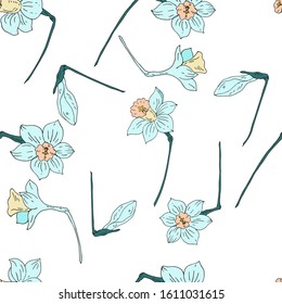 Daffodils seamless pattern. Gentle blue. Vector illustration.