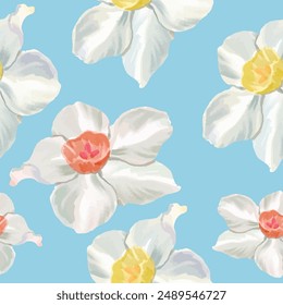 daffodils seamless pattern handmade watercolor wall paper fashion interior retro art vintage print flower blossom garden spring