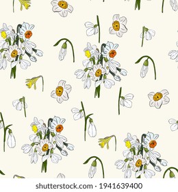 daffodils seamless pattern. Spring floral background. Bouquet of white flowers.