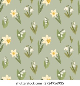 Daffodils and snowdrops seamless pattern, narcissus spring flowers background, hand drawn vector illustration